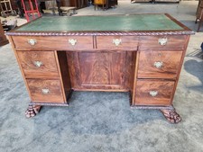Antique Victorian knee hole writing desk claw feet leather top cupboard