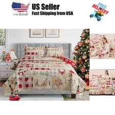 Christmas Quilt Set King Size 3-Piece Xmas Bedspread Reversible Coverlet Snow...
