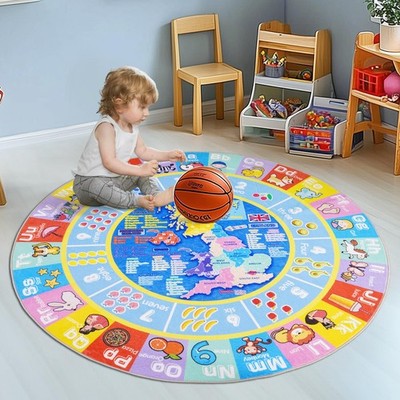 GthreeD Kinderteppiche für Spielzimmer - Rund 120 cm 120 (Rund), Alphabet + Karte 