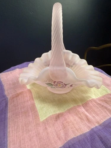 Fenton Pink Chiffon Satin Opalescent Hand Painted Flowers Mini Basket