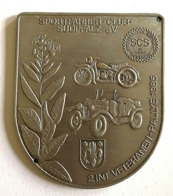Plakette 2. Int. Veteranen Rallye 1985 Sportfahrer Club Südpfalz im ADAC Sammler