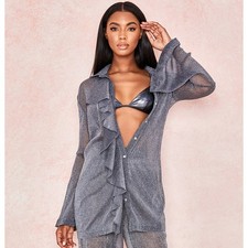 House of CB London Amiyah Gray Lurex Shirt Dress Sheer Ruffle Button-up XS 