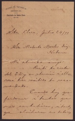 JOSE MIGUEL GOMEZ (CUBA) - MANUSCRIPT LETTER SIGNED 07/24/1899