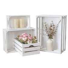 Set of 4 Large Wooden Decorative Storage Crates, Whitewashed Nesting Wooden C...