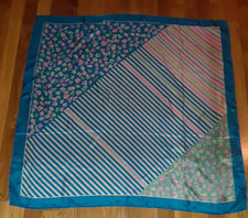 Vintage Blue Pink Green Striped Geometric 100 Silk Square Scarf 32"