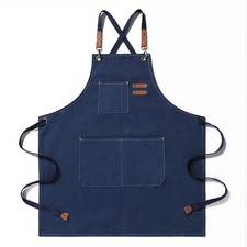 Unisex Blue Kitchen Apron Canvas Adjustable Chef Cotton For Cooking Baking BBQ