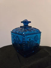 Fenton Vintage Covered Candy Dish Teal Color-Leaves and Grapes