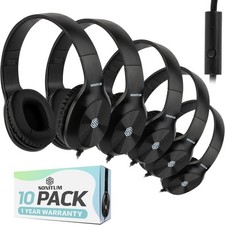 Classroom Headphones-Bulk 10-Pack, with Microphone Student On Ear Comfy Black