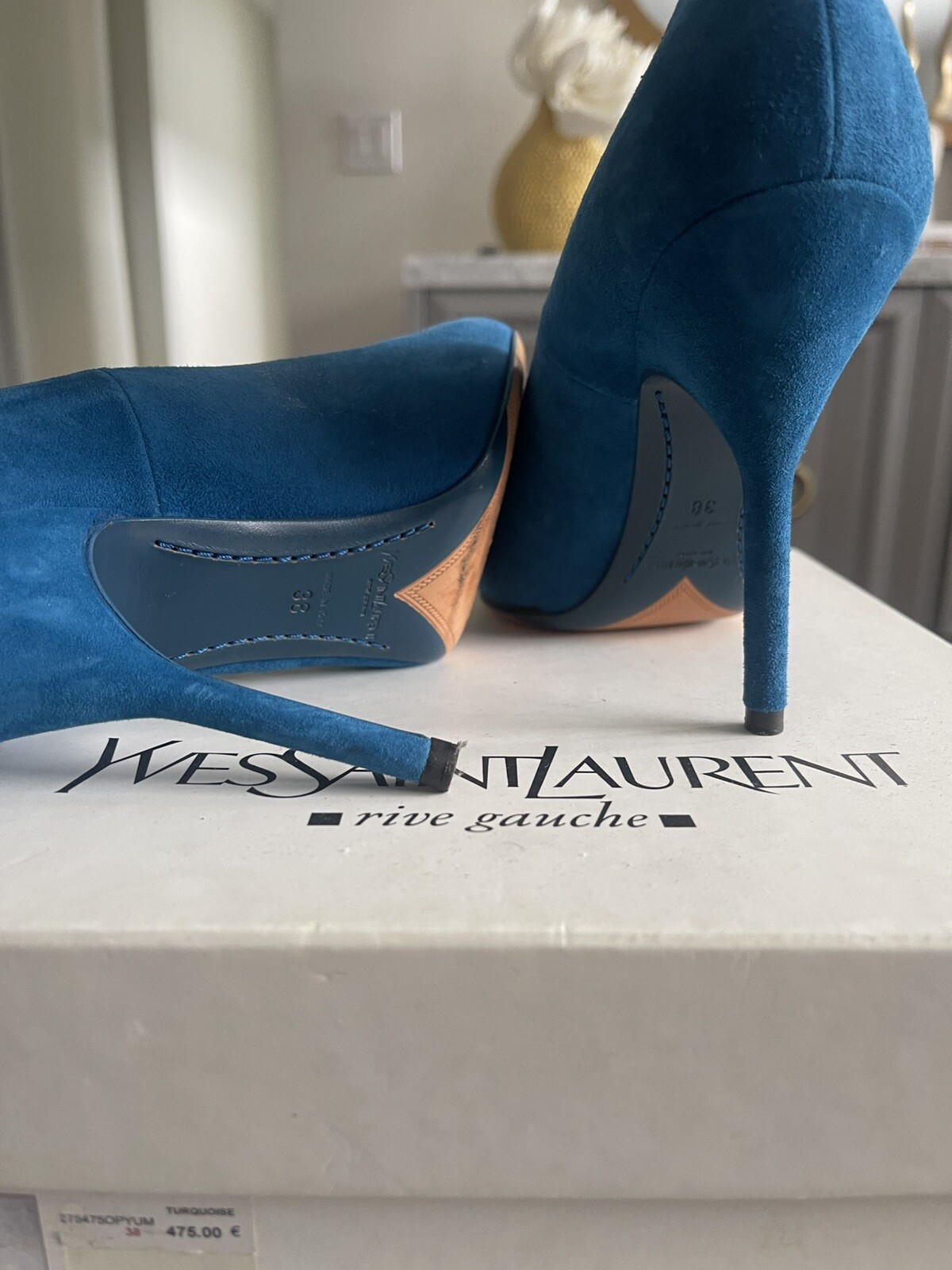 YSL Saint Laurent Opyum 105 decolte in camoscio color verde acqua tacco taglia 38