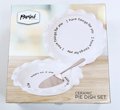 Parini Cookware White 2-Piece Ceramic Bakeware Pie Dish Set *Happy