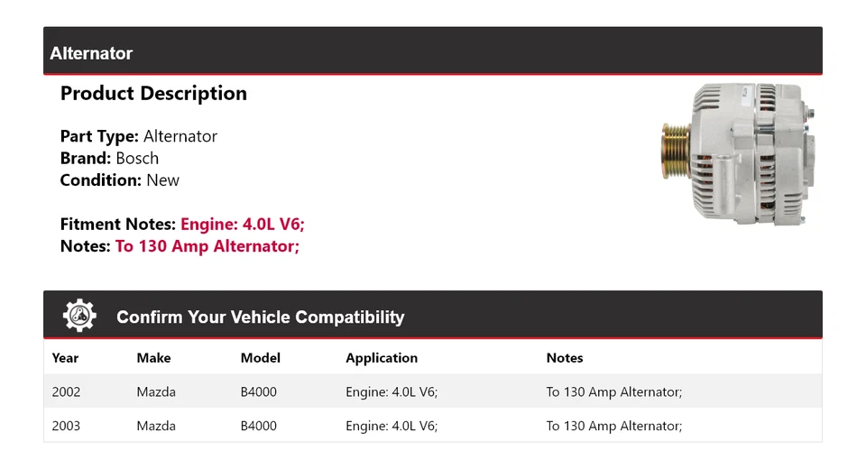Alternador Bosch para Mazda B4000 2002-2003 4,0 L V6 (nuevo) Foto 2 de 4