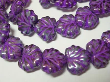 10 beads - Purple on Purple Czech Glass Maple Leaf Beads 11x12mm