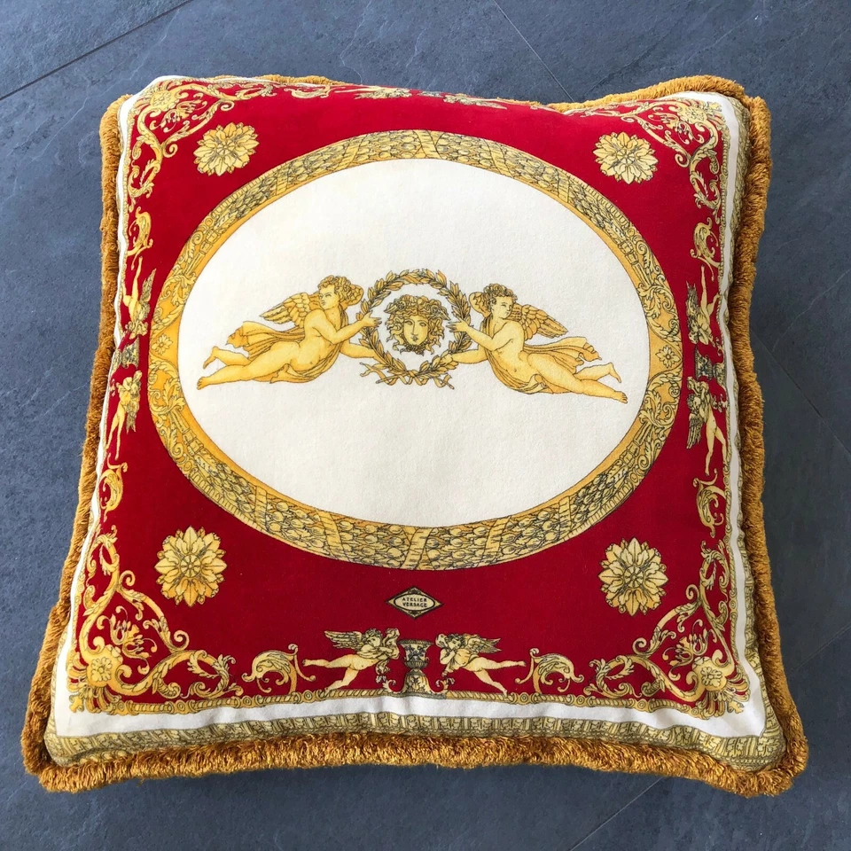 GIANNI VERSACE velvet fringed pillow Baroque Canova's Angels w/ Medusa print 25” - Image 2 of 4
