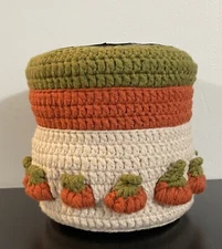 Handmade Crochet Fall Autumn Decor. Basket Or Drawstring Bag 3D Pumpkin Yarn