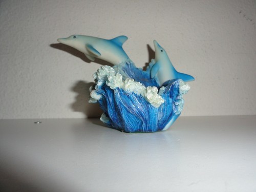 CUTE GLASS DOLPHIN CANDLE HOLDER-5"X 5 1/2'