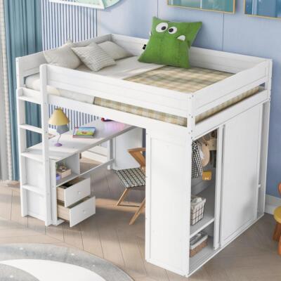 Sturdy and Durable Full Size Loft Bed with Wardrobes and Desk with Cabinet