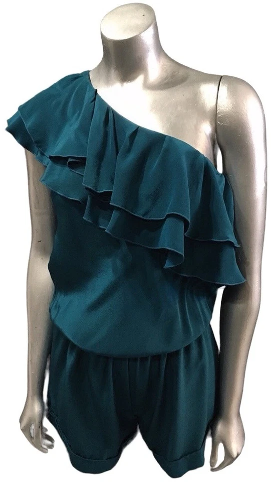 KARINA GRIMALDI INTERMIX Silk Teal Ruffle One Shoulder Shorts Romper S - Imagem 2 de 3