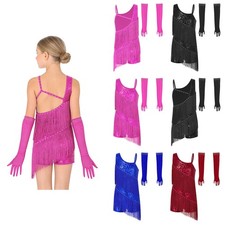 Kids Girls Tassel Dance Dress Skirted Leotard with Gloves Set Ballroom Dancewear