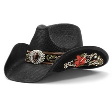 Cowboy Hats for Women and Men Straw Western Hat Embroidered Small-Medium Black
