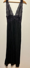 Vtg Barbizon Gown Nightgown Black Silky Nylon Lace Full Length Maxi Sz M USA