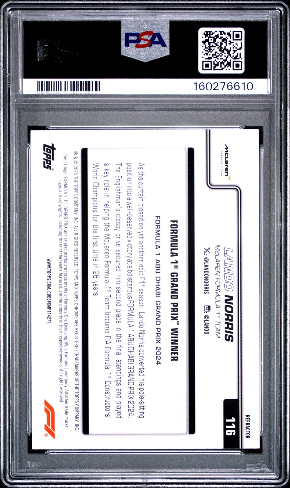 2025 TOPPS CHROME FORMULA 1 REFRACTOR #116 LANDO NORRIS PSA 9 view 2