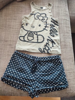 Shorty Schlafanzug Hello kitty Gr. 134 / 140 mit Glitzer und punkten schwarz 