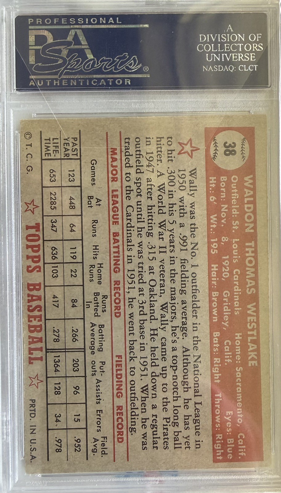 1952 Topps Set Break #38 Wally Westlake (Red Back) - PSA 5 (EX) view 2
