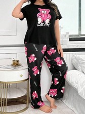 PYJAMA SET PLUS 18 20 BLACK PINK CUTE TEDDY BEAR  STRETCH LOUNGEWEAR COMFORT