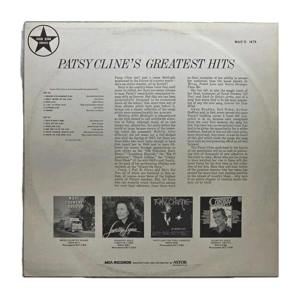 PATSY CLINE "Patsy Cline's Greatest Hits" AUSSIE PRESS 12Tk VINYL LP w/ORIG ART - Image 2 of 4