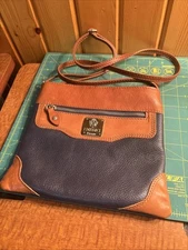 Vintage I Medici Firenze Brown & Navy Leather Crossbody Bag, 9” X 8” Adj. Strap
