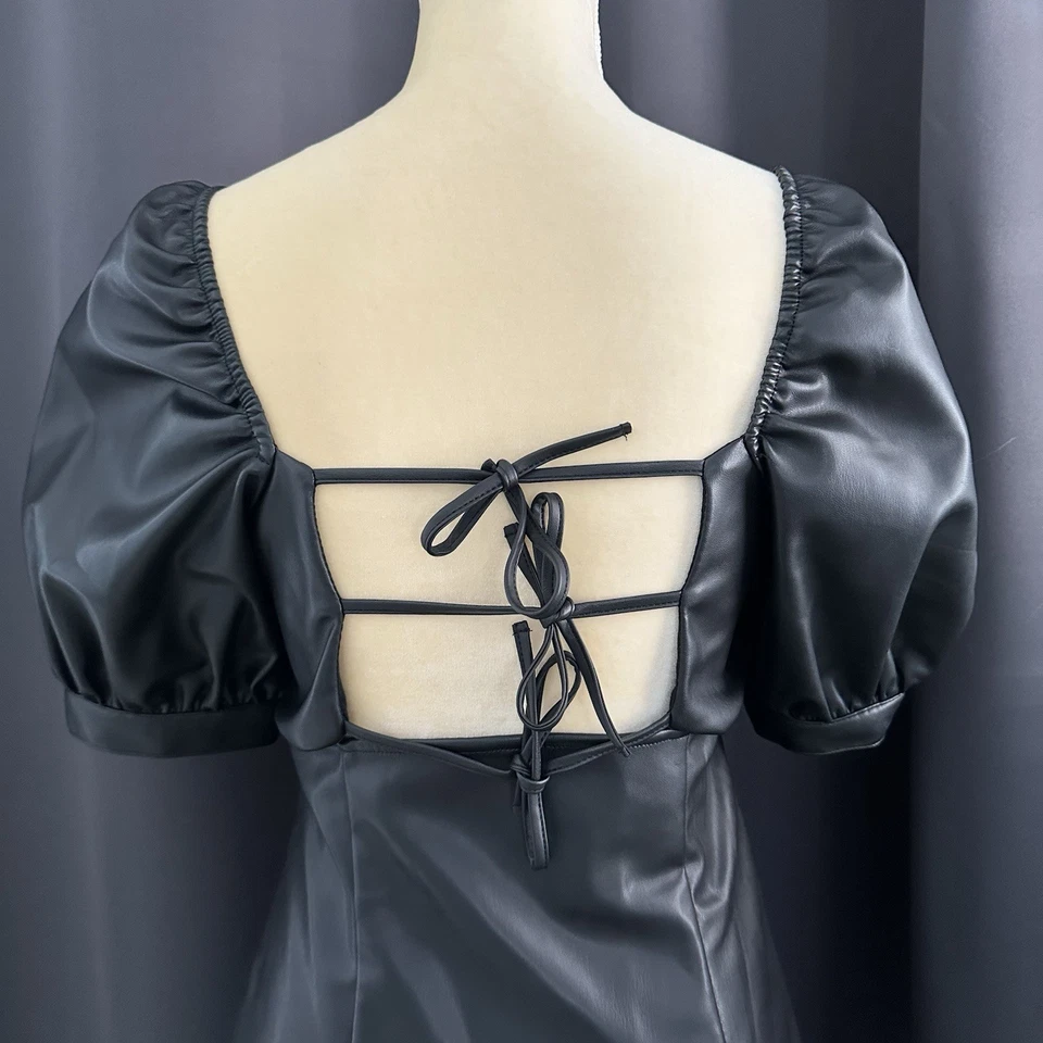 H&M Faux Leather Fleece Lined Puff Sleeve Mini Dress Black Sz Small Goth Biker - Image 2 of 3