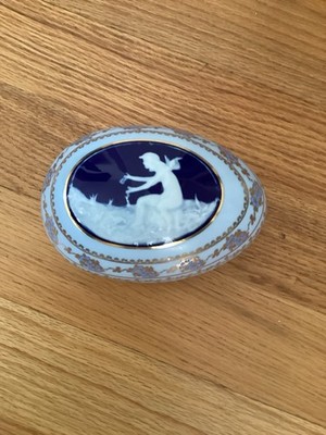 Large Barbotine Limoges France Egg /Raised Cherub / Angel Jewelry / Trinket Box