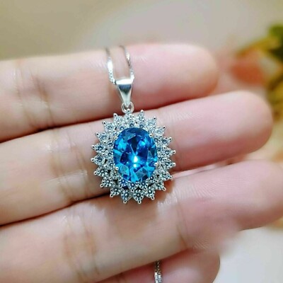 3.10Ct Oval Lab Created Blue Topaz Halo Pendant 18''Chain 14K White Gold Plated