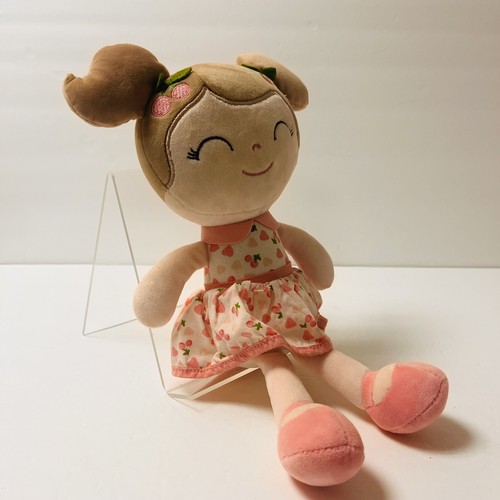 Peluche robe de poupée fille cheveux bruns rose cerise peluche cœurs rouges ⭐️ - Photo 1 sur 4