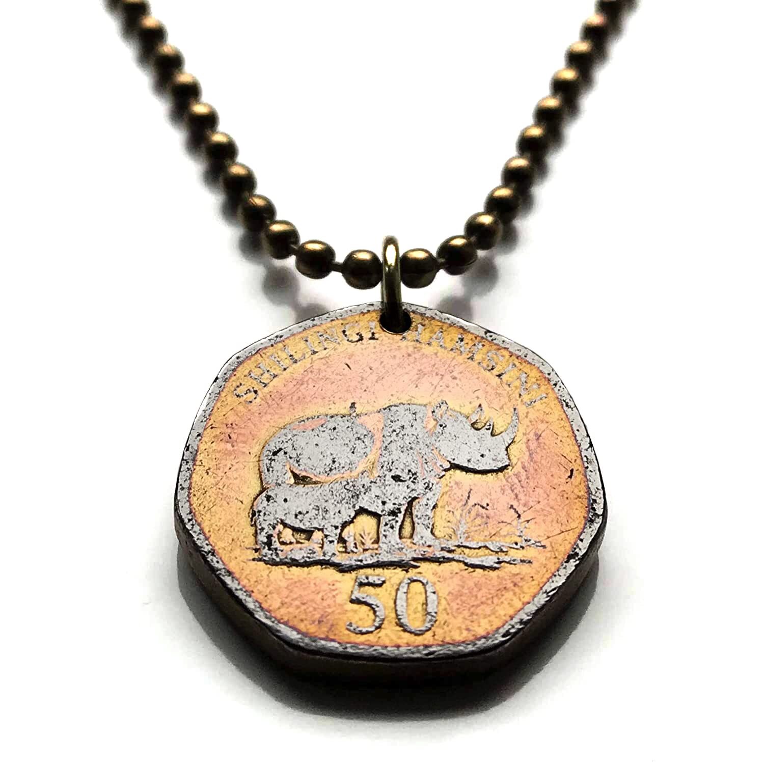 1996 Tanzania 50 Shilingi coin pendant black rhinoceros Dar es
