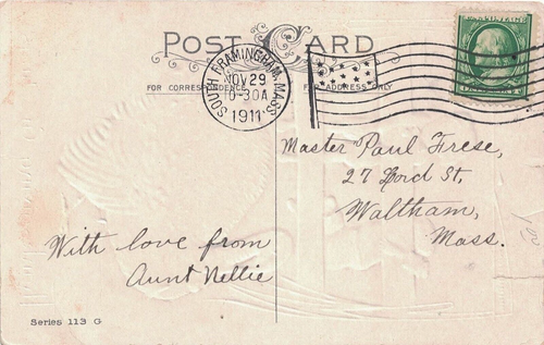 1911 South Framingham, Massachusetts Flag Cancel on Thanksgiving Postcard -- DPO