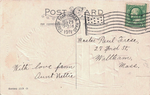 1911 South Framingham, Massachusetts Flag Cancel on Thanksgiving Postcard -- DPO - Picture 1 of 2