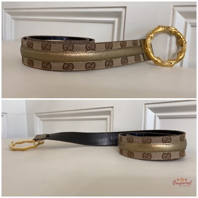 【美品】 GUCCI ベルト　バンブー　ホースビット　ブラウン　85・34 Auth Gucci Monogram Canvas Gold Metallic Leather Bamboo