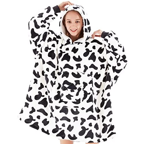 Wearable Blanket Hoodie Cow Print Fuzzy Soft Sherpa Oversized Blanket
