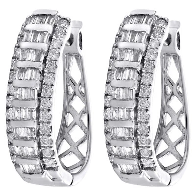 10K Weißgold Jeans Baguette Diamant Oval Klappbar Reifen Kuppel Ohrringe 1 Karat - Bild 1 von 4