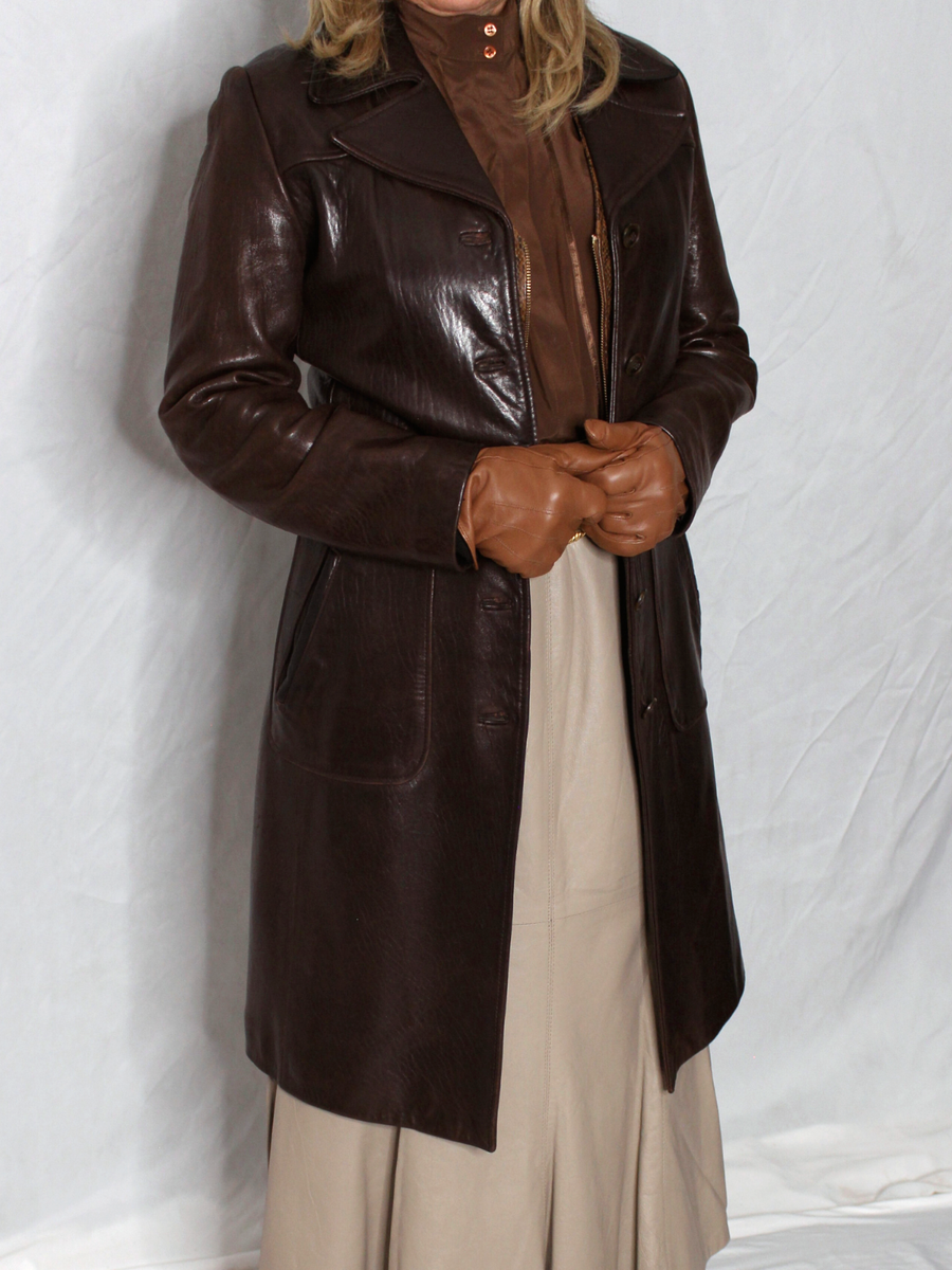 Womens Leather Coat Brown S Long 3/4 SOFT Lambskin Vintage 80s 90s