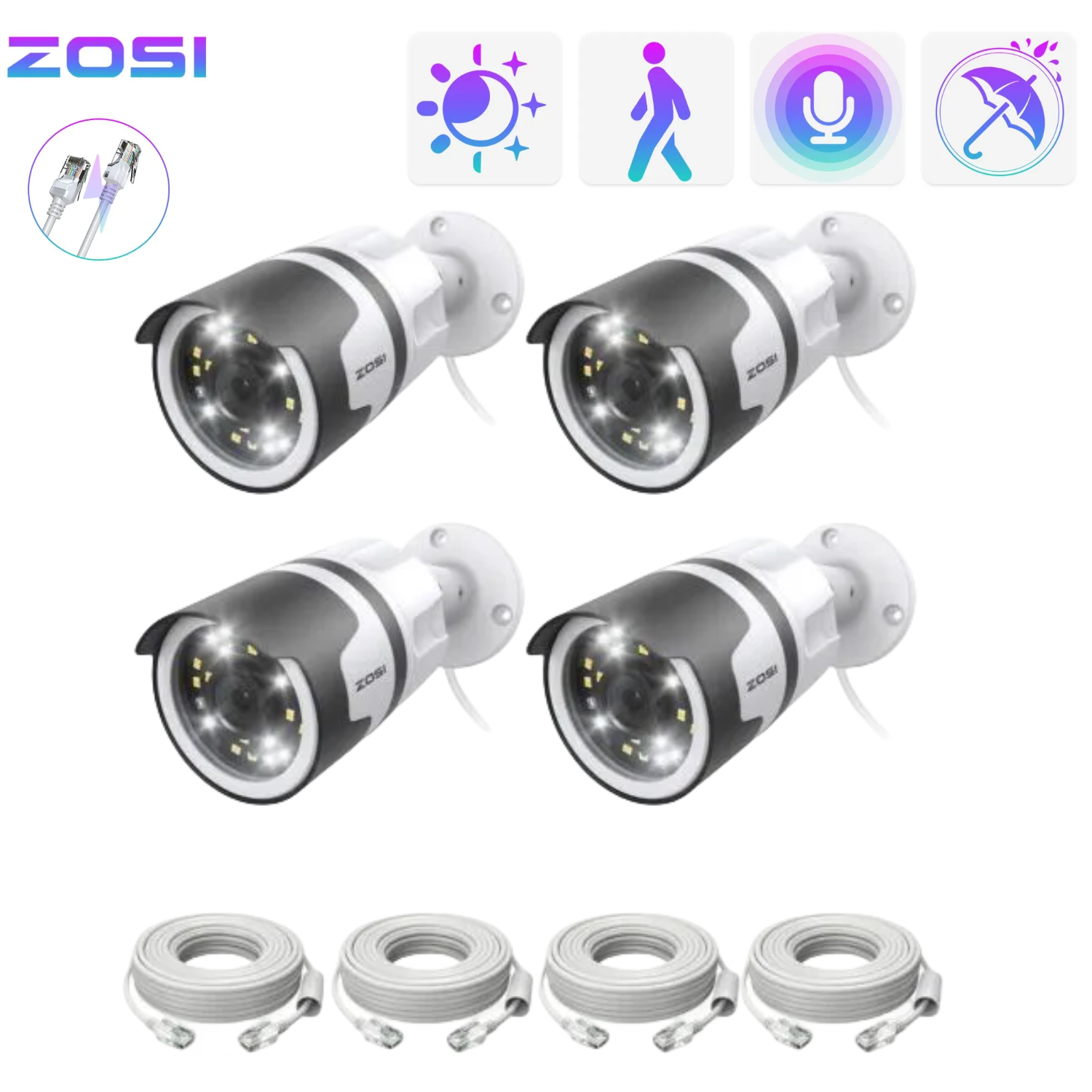 ZOSI H.265+ 4Pack 5MP 2K Security POE Camera with Ethernet C