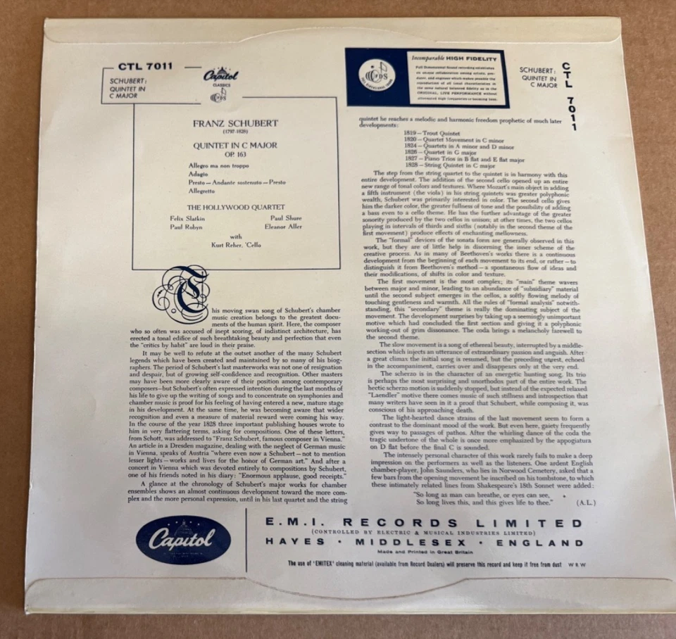 CTL 7011 Schubert String Quintet in C major Hollywood Quartet Reher G/S - Image 2 of 2