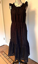J.CREW Black Eyelet Lace Ruffle Square Neck Lined Midi Dress Size 12