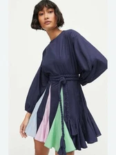 RHODE Ella Navy Blue Multicolor Pleated Skirt Belted Mini Shirt Dress Medium