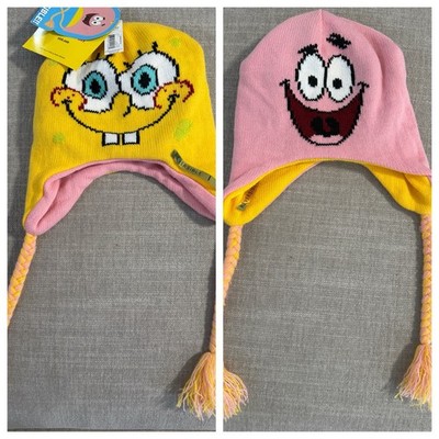 Nickelodeon SpongeBob & Patrick Reversible Knit Earflap Hat Beanie Tassels NWT