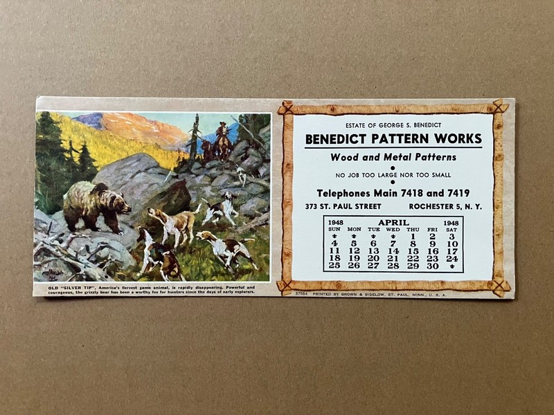 Vintage Benedict Pattern Works - Rochester, NY 1948 Calender Ad w/Hunting Scene