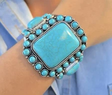 Boho Silver Vintage Turquoise Tibetan Tibet Bracelet Bangle Cuff Large Stunning