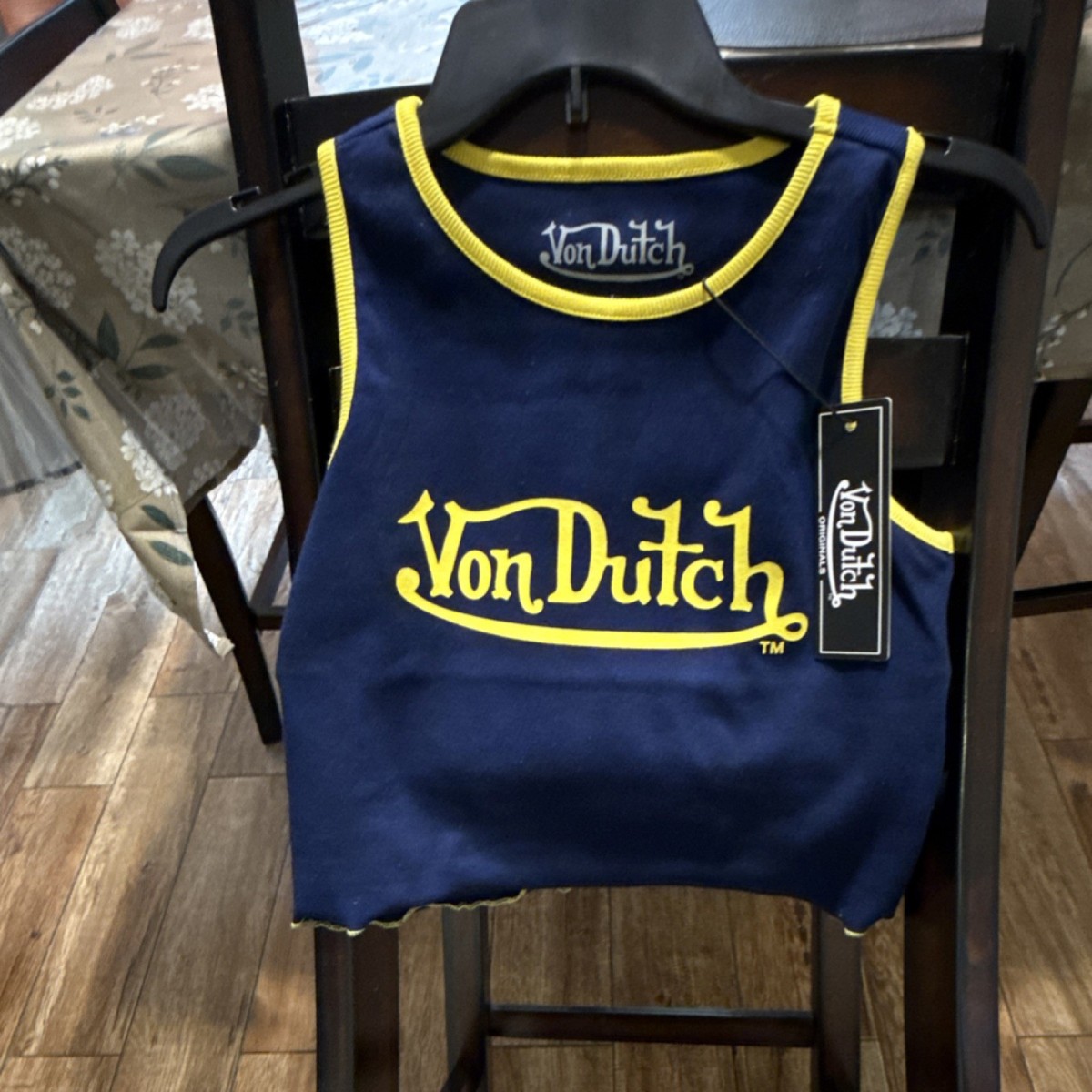 Von Dutch Navy Yellow Cropped Cotton Knit Tank Top Logo Accent