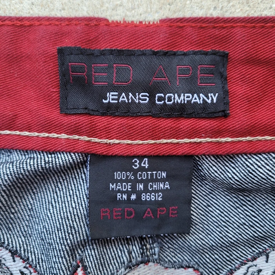 Pantalones de mezclilla vintage Y2K Red Ape para hombre negros rojos bordados águila pierna recta 31x31 Foto 4 de 4